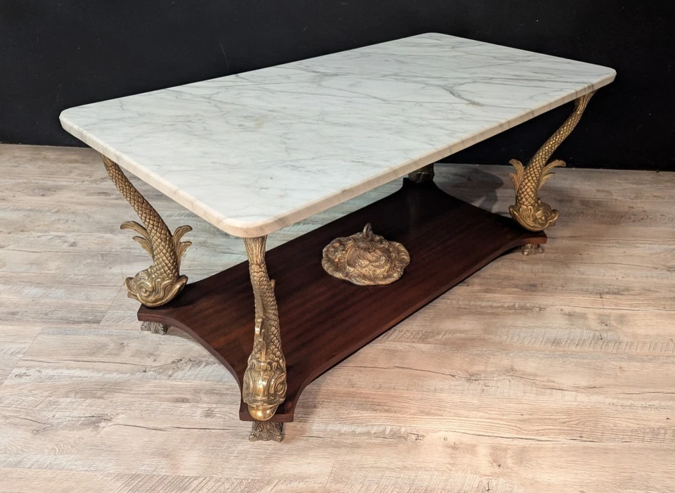 Table basse en acajou et bronze doré, plateau en marbre blanc – Travail des anné - Photo 3/4