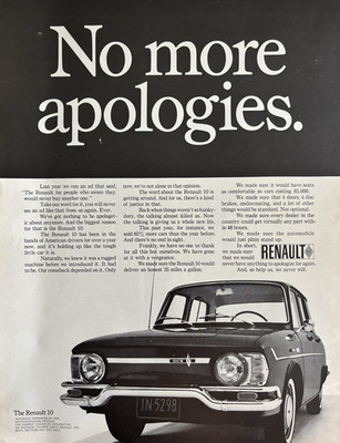 Renault 10 automobile No More Apologies Automatic Trans 4 Door VTG Ad 1960s