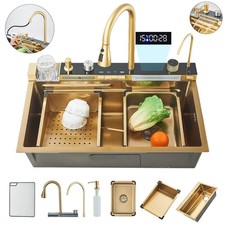 29.5" Kitchen Sink Intelligent Waterfall Single Bowl Stainless Steel Sink Gold