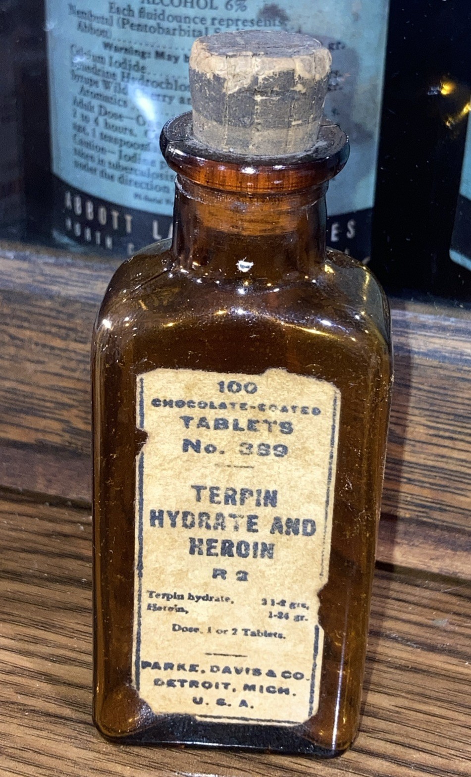 Parke Davis antique terpin hydrate and Heroin bottle apothecary medicine bottle
