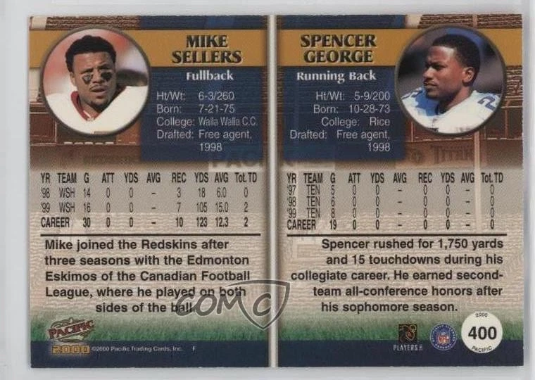 2000 Pacific Premiere Date /78 Mike Sellers Spencer George #400 - Image 2 of 2