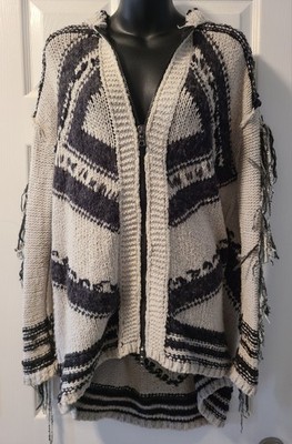 Free People Show Me Fringe Hoodie Small Natural with Charcoal Knit Fringe Zip