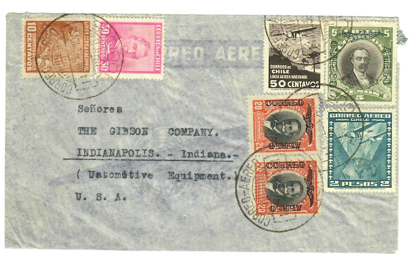 1940s Chile Airmail Cover to Indianapolis USA – Multi-Franked (C026)