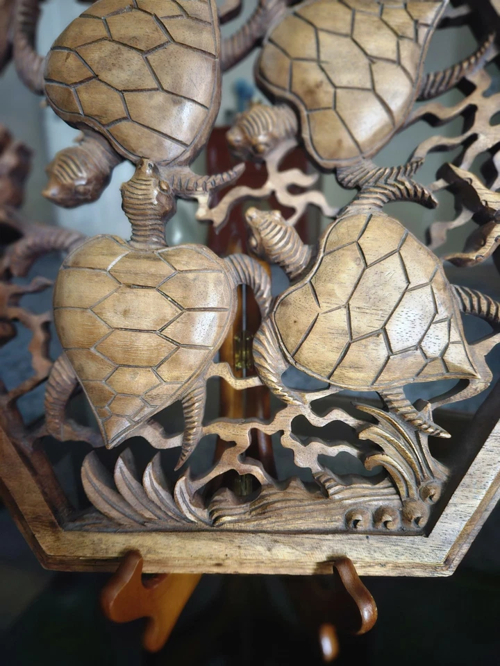 手工雕刻木制海龟和海星墙壁装饰复古六边形形状  — 第 4/4 张图片