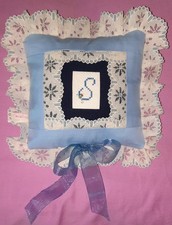 Handmade Decorative Pillow Cross-Stitch Blue Initial - "S" - 8"x8"