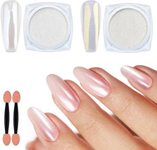 Artdone 2 Jars Chrome Nail Powder White and Gold Pearl,Iridescent Aurora Powder