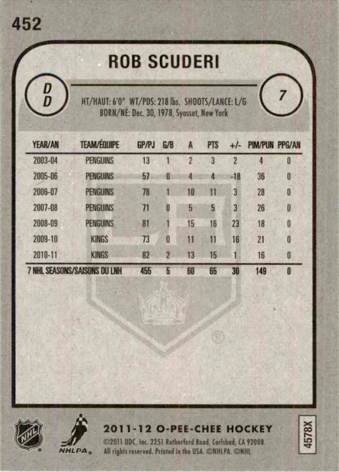 2011-12 O-Pee-Chee Rob Scuderi #452 - Image 2 of 2