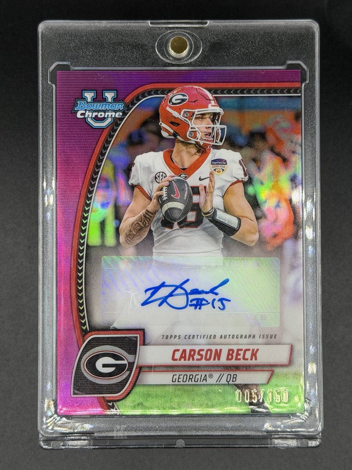 Carson Beck RARE  2024 Bowman University Chrome Fuchsia Auto #046/150 #PA-CBE
