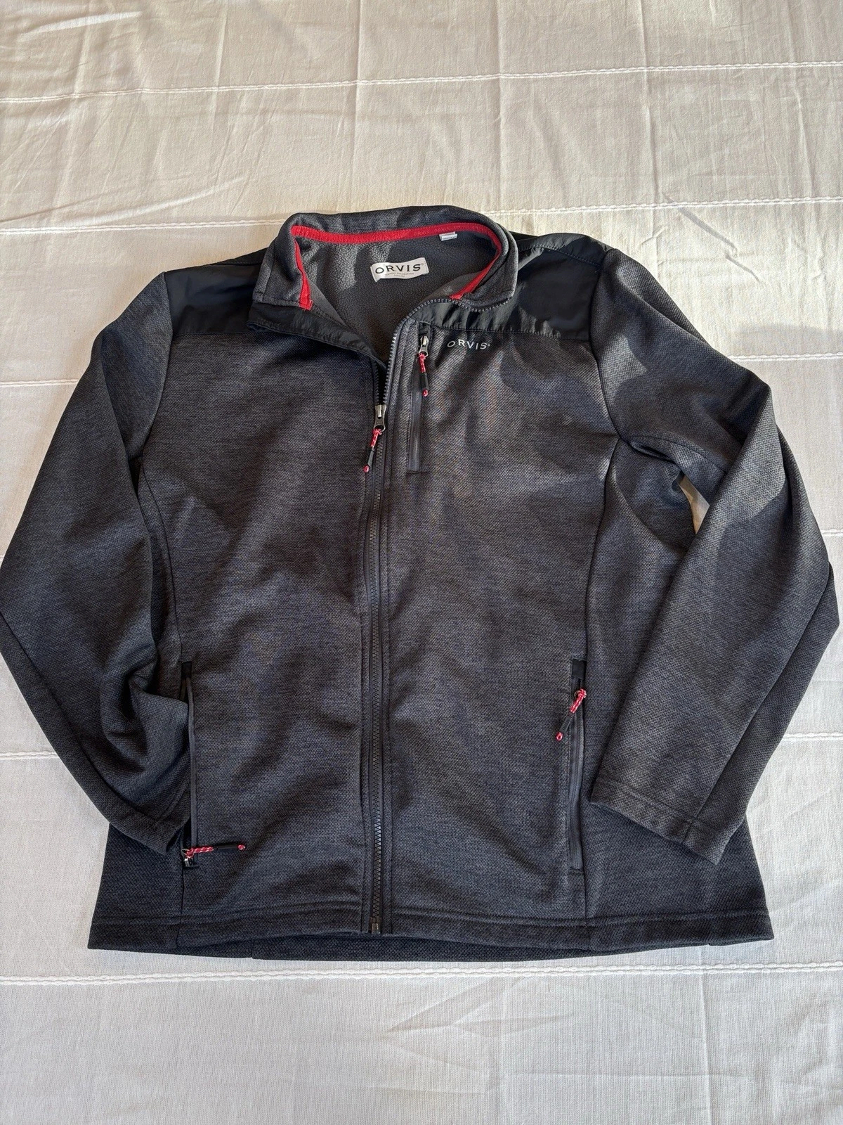 Orvis Men's Medium Full Zip Fleece Jacket Charcoal Gray Black Textured Outdoor M