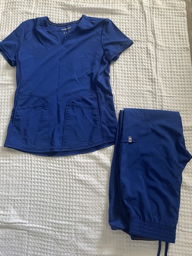 Scrubstar Women's Blue Scrub Set Solid Jogger Pants Size S Polyester Spandex