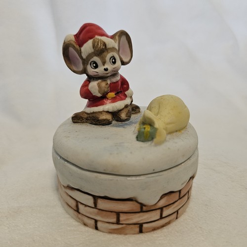 VTG Homco Christmas 8901 Porcelain Santa Mouse With Sack Bag Jewelry Trinket Box