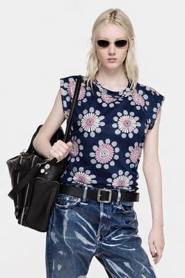 Junya Watanabe Top T-Shirt Comme des Garcons Navy Blau Rosa Blumen Japan Größe M