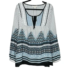 Tantrums Top XL Shirt White Blue Geometric Long Sleeve Keyhole Scoop Neck Womens