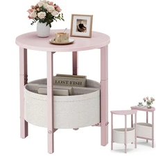 Small Round Side Table, Accent End Table with Storage Basket, Set of 2 Half R...