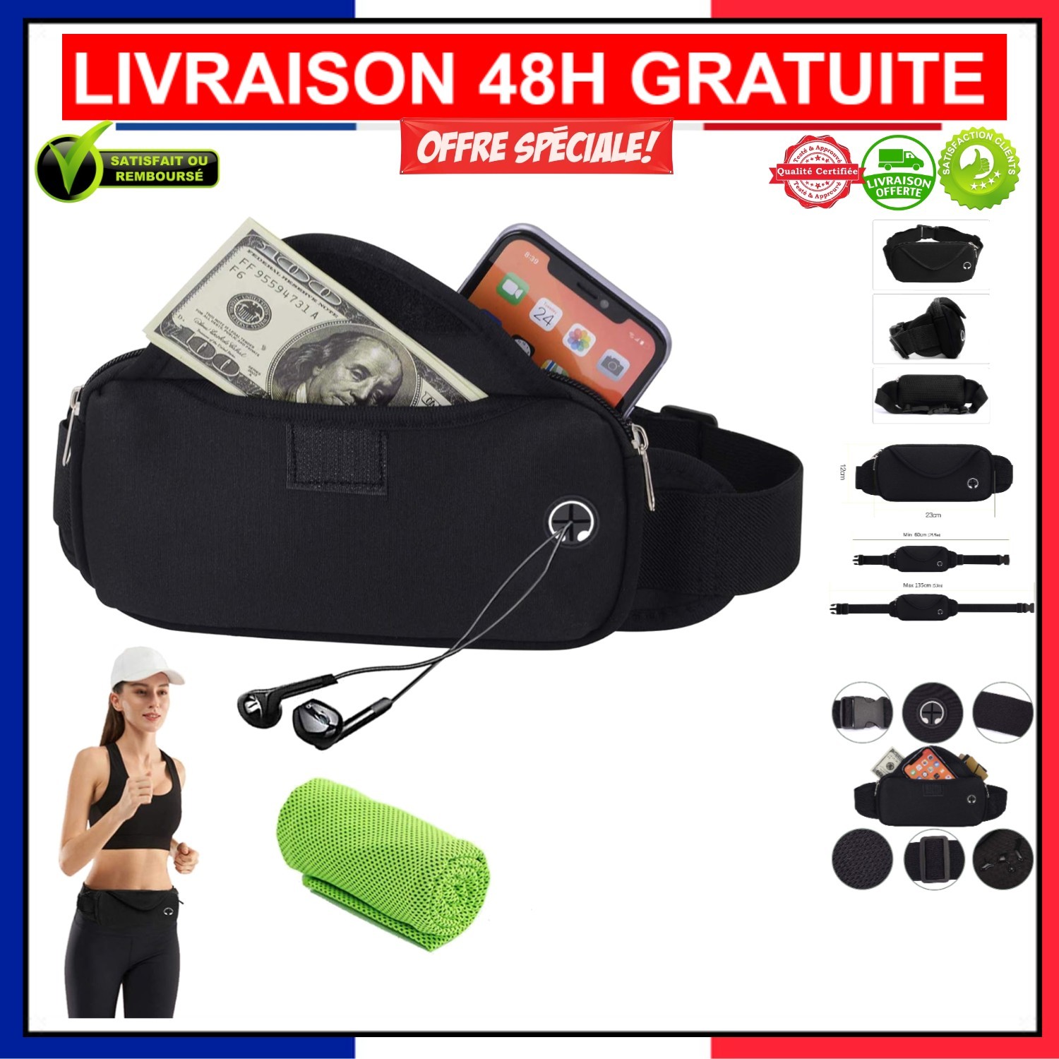 Ceinture de course sportive imperméable réglable 25,5-53 pouces avec poche téléphone