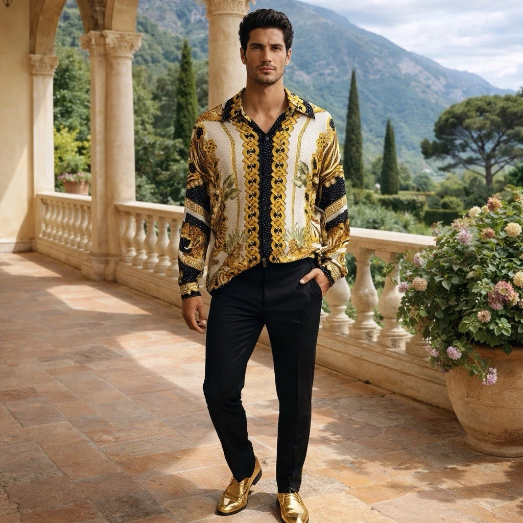 Silk Gold Casual Button-Down Shirts for Men for sale | eBay