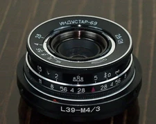  Industar- 69 Soviet macro lens 28mm f 2,8 Mount m39 L39-M4/3 Olympus Panasonic 