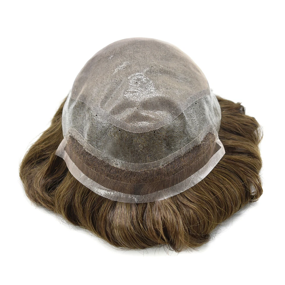 Frente de renda francesa masculina toupee peça de cabelo pele poli sistema de cabelo substituição 8"X10" - Imagem 3 de 4