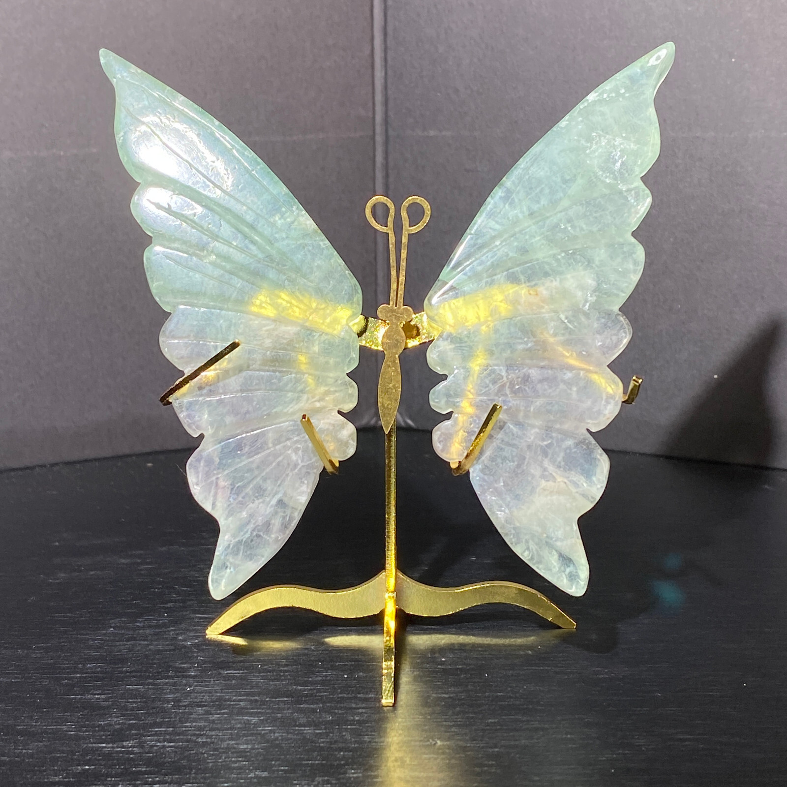 Natural Crystal Fluorite Butterfly Wings Healing Statue with Stand