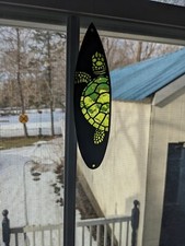 HANDCRAFTED STAINED GLASS SUNCATCHER METAL SURFBOARD W/ CUT OUT SEA TURTLE