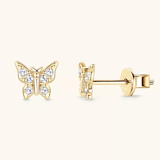 Round Cut Simulated Diamond Butterfly Stud Earrings in 14K Yellow Gold Plated