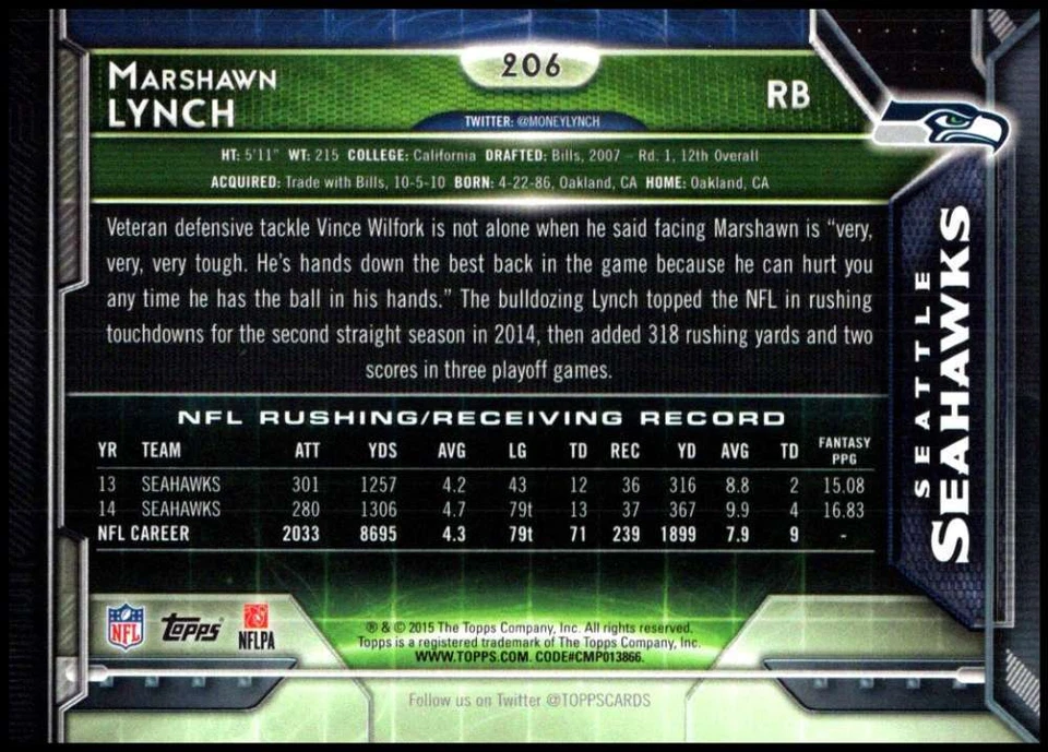 2015 Topps #206 Marshawn Lynch Seattle Seahawks Football Card NM-MT ID:22993 - Image 2 of 2