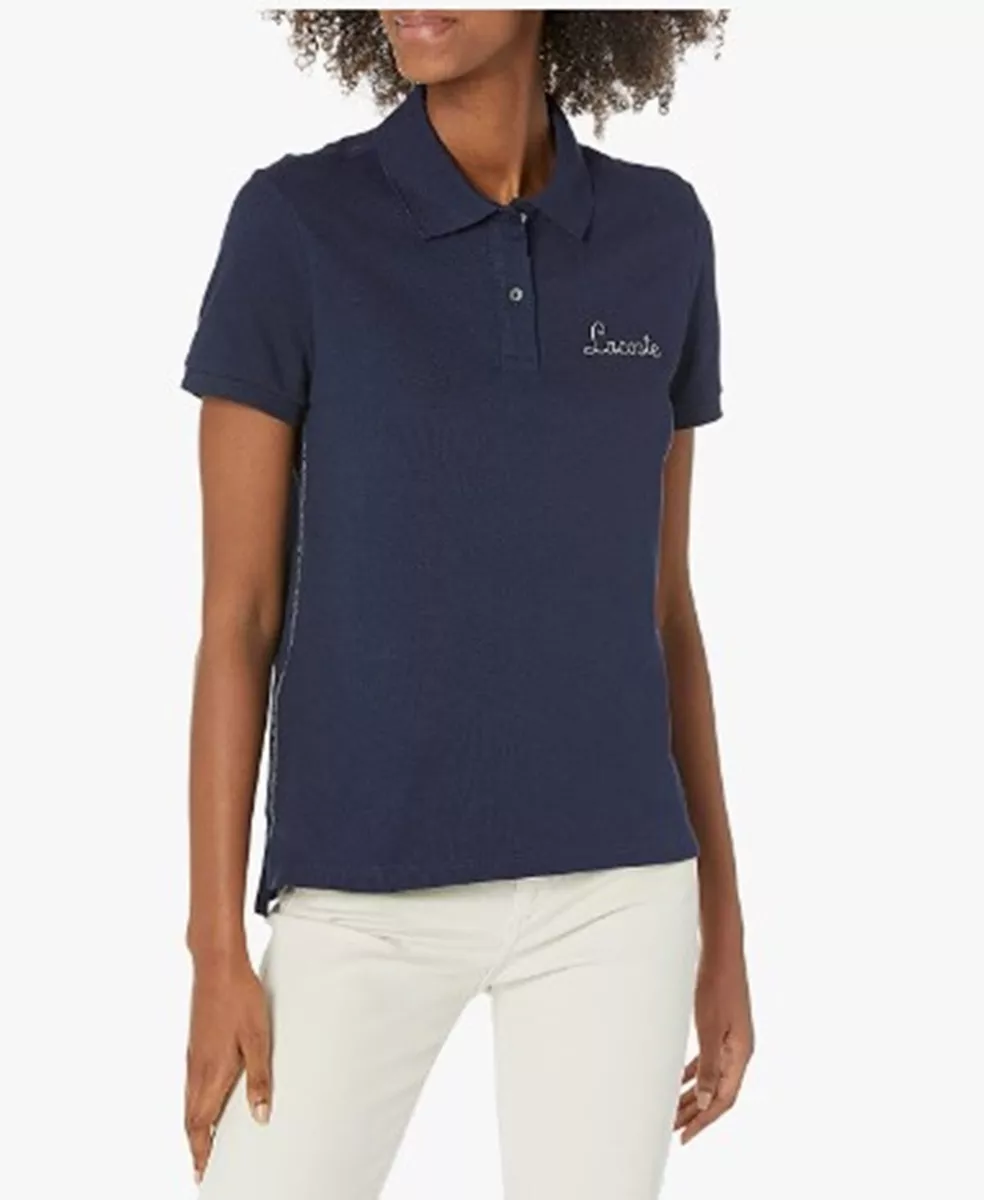Lacoste Women s Short Sleeve Script Regular Fit Polo Size4 32 Navy