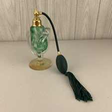Vintage Hand Blown Art Glass Pedestal Atomizer Perfume Bottle Green Gold 7"