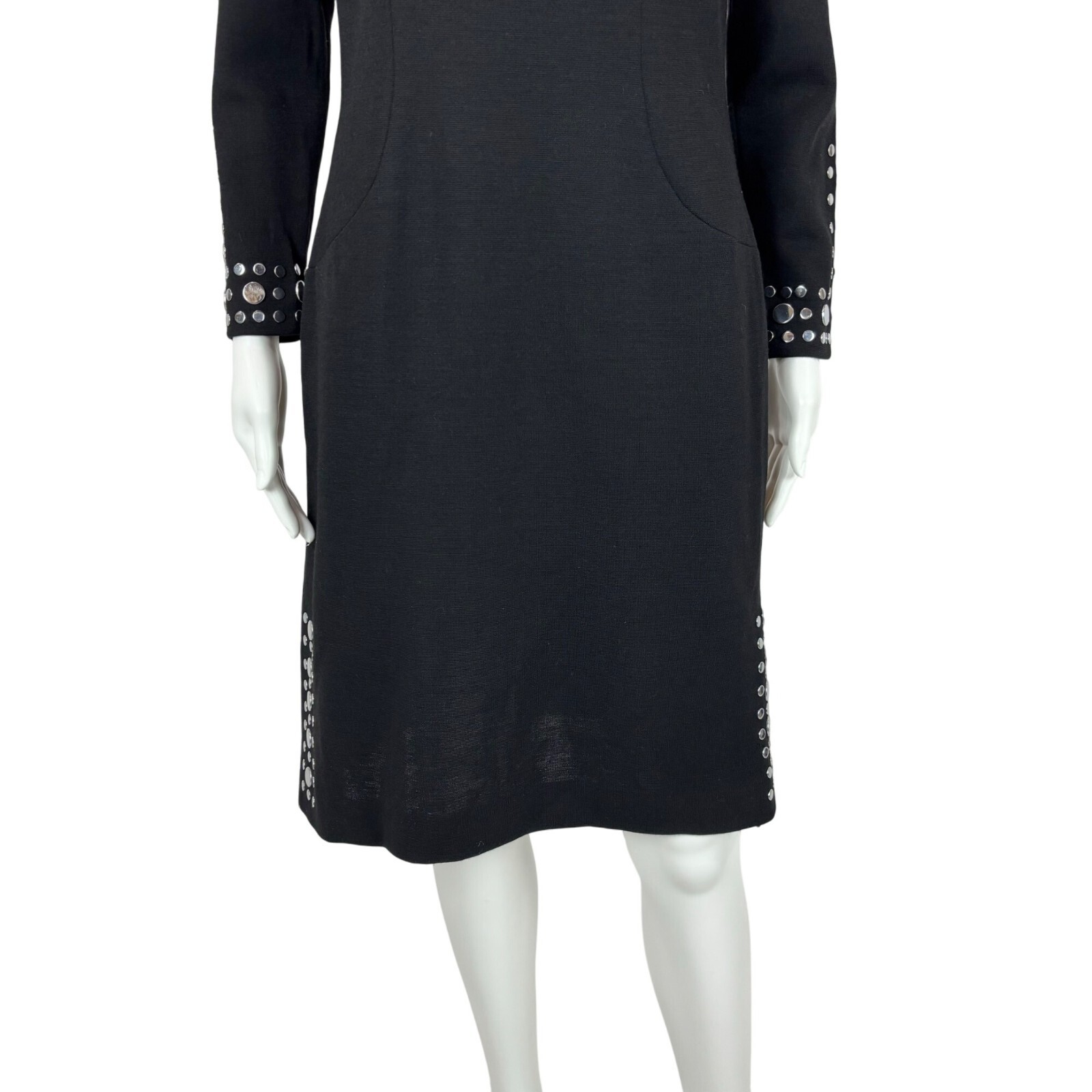 Vintage 60s Studded Dress Women's Extra Small Black Wool Silver Bow Neck Mod image 6