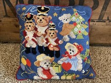 Vintage Hand Stitched Needlepoint Christmas Pillow Teddy Bears Soldiers Tree