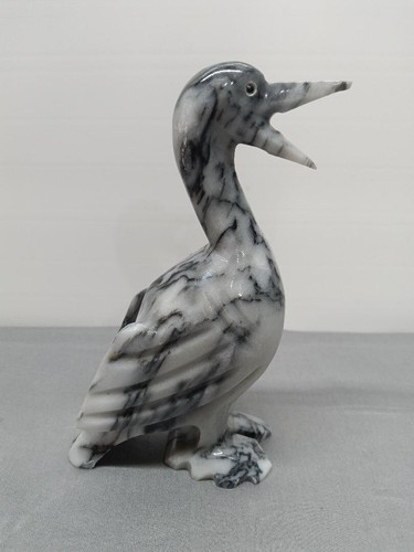 Vintage Carved Bird Duck Black/Gray/White Onyx Marble 6in. Sculpture Figurine
