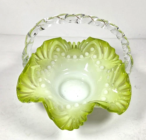 Opalescent Art Glass Basket Green White Hobnail Ruffled Edge Applied Handle