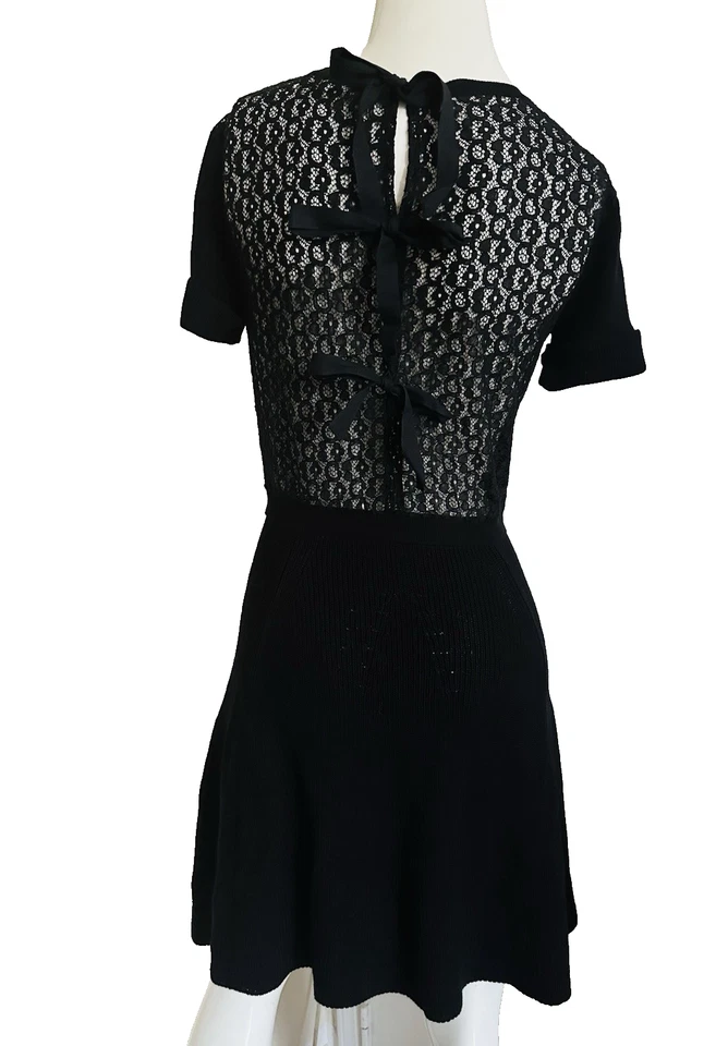 Red Valentino Mesh Crochet Back Bow Dress Above Knee Black Stretch Sz Small - Image 3 of 4