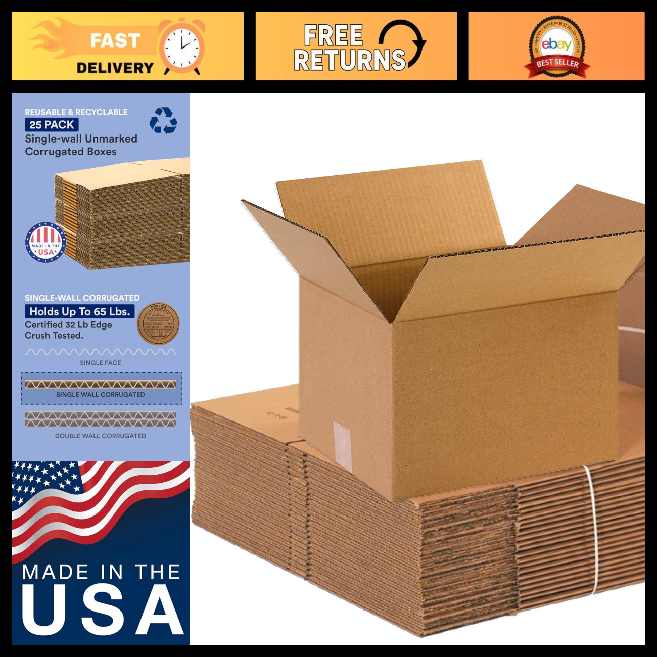 25-Pack Small Corrugated Shipping Boxes 12"x10"x8" - Strong Cardboard for Moving
