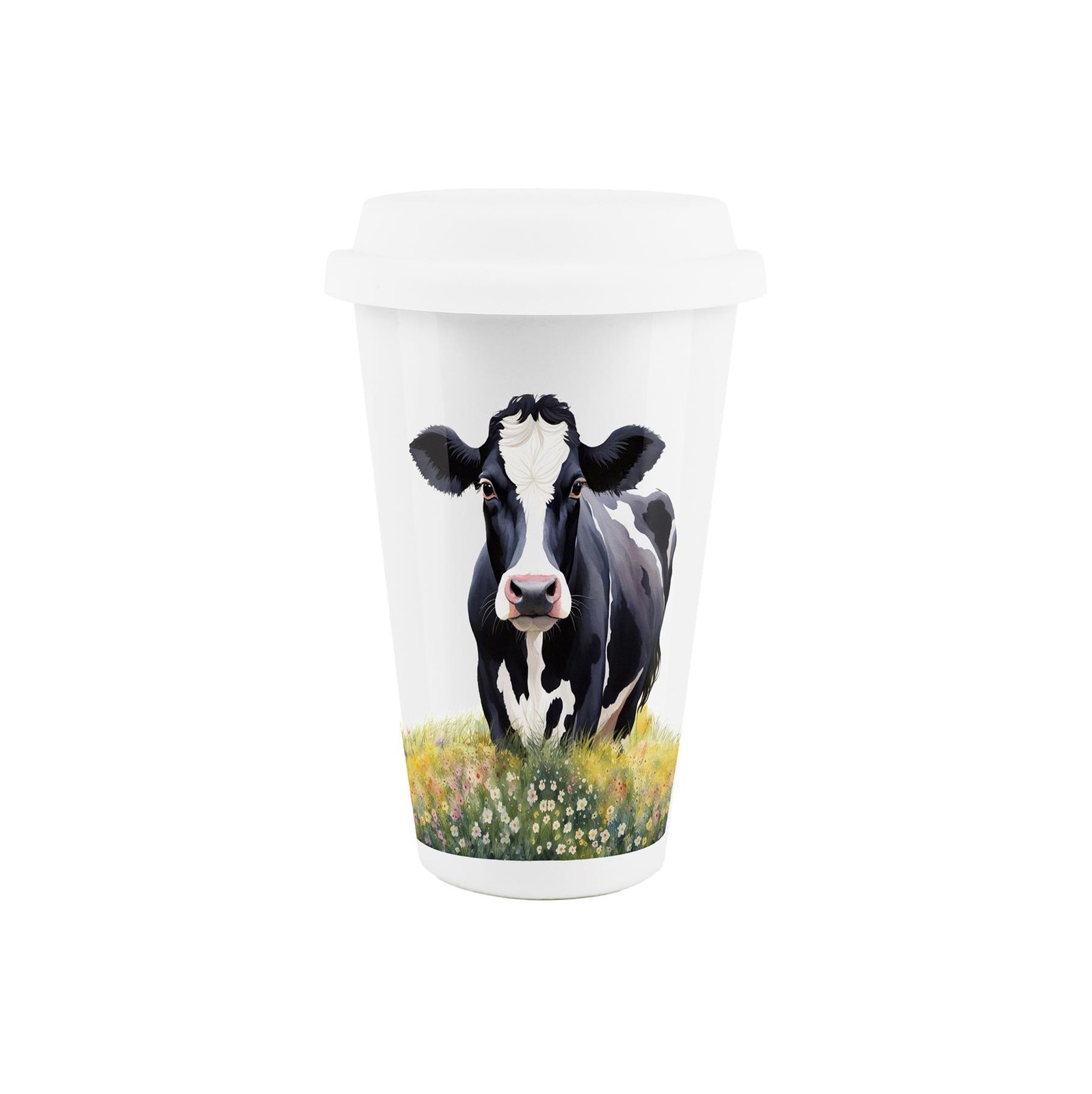 Friesian Cow Ceramic Travel Mug - Floral Insulated Cup Gift for Animal Lovers
