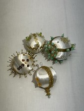 Lot Of 4 Vintage White  Gold Beaded Satin Sequin Christmas Ornaments Push Pin