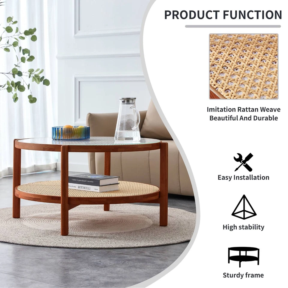 34.6'' Modern Rattan Coffee Table Round Glass Top End&Side Table Double-Layer - Image 3 of 4