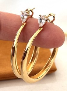 Authentic Gold Plated Hoop Earrings Pear Cut CZ Crystal Large Statement Wedding