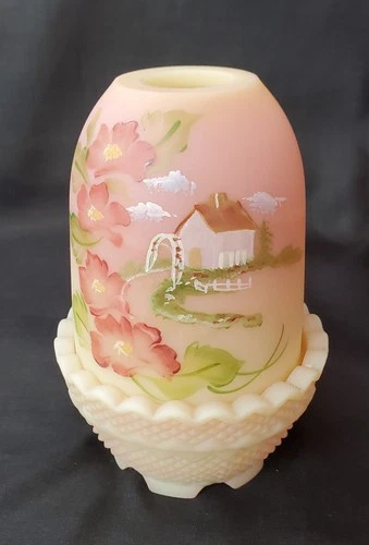Fenton Burmese Uranium Art Glass Summer Cottage Hand Painted Fairy Lamp Signed