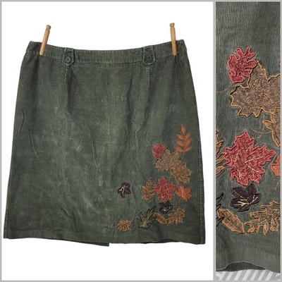 Norton Corduroy Pencil Skirt Plus 20W 20 Alt Slit Embroidered Leafs Fall Autumn 