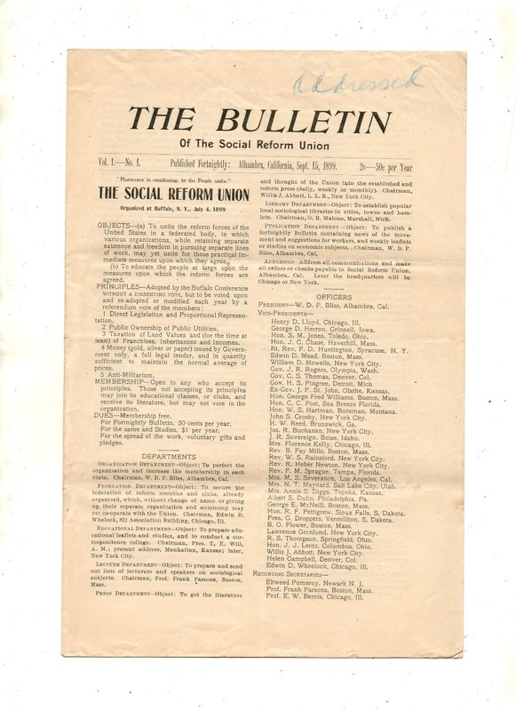 THE BULLETIN OF THE SOCIAL REFORM UNION PAMPHLET VOL. 1 # 1. SEPT. 1899. 8 PAGES