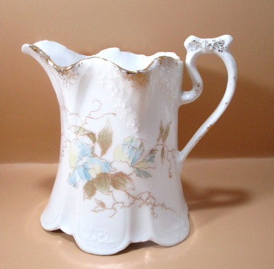 VTG Weimar Germany Porcelain Creamer Blue Yellow Brown Floral Gold Trim Pitcher