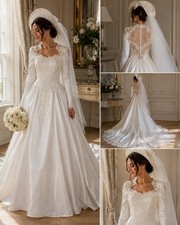 VTG 80s/90s Couture Satin Bridal Gown With Hat Veil Dress Size S