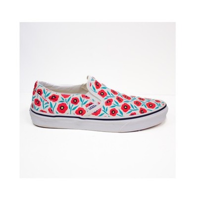Vans Classic Slip On Sneakers Red Poppy Floral White Canvas Shoes Womens 8