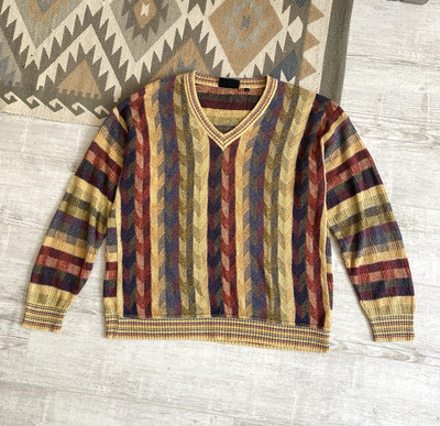 Vintage 90s Coogi Style Knit Sweater Multicolor Geometric Retro V-Neck