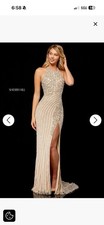 Sherri Hill 52368 Beaded Halter Gown Champagne High Slit Lace Up Back Size 12