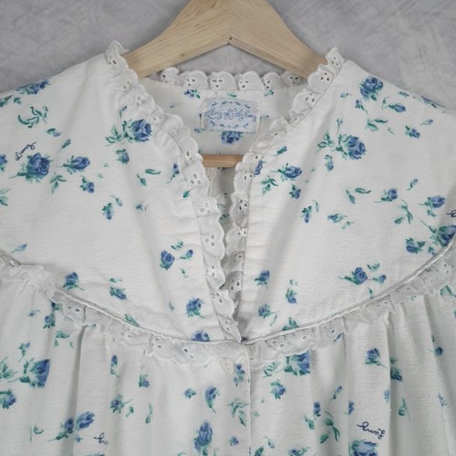 Lanz of Salzburg Flannel Nightgown Womens Small White Blue Floral Ruffle - Picture 2 of 20