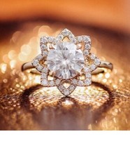 Vintage Round Shape Moissanite Engagement Ring, Floral Halo Antique Wedding Ring