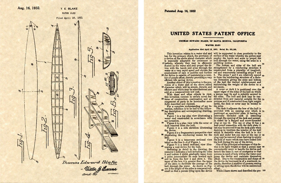 TOM BLAKE SURFBOARD US PATENT Print READY TO FRAME!!!! 1932 surf board paddle
