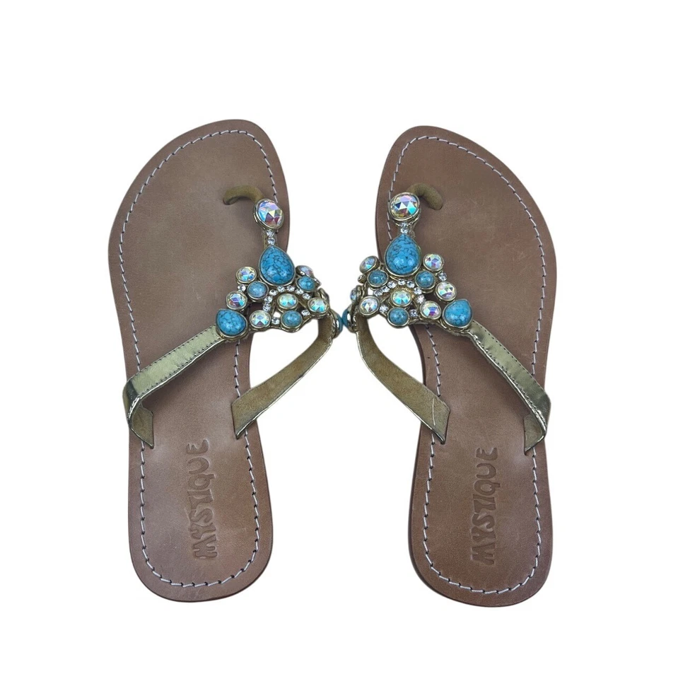 Sandalias planas Mystique estilo tanga adornadas en oro y turquesa talla 9 Foto 4 de 4